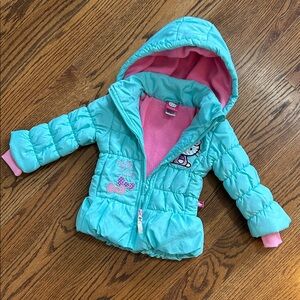 Aqua Hello Kitty Hooded Puffer Jacket with Pink Fleece Lining- 2T
